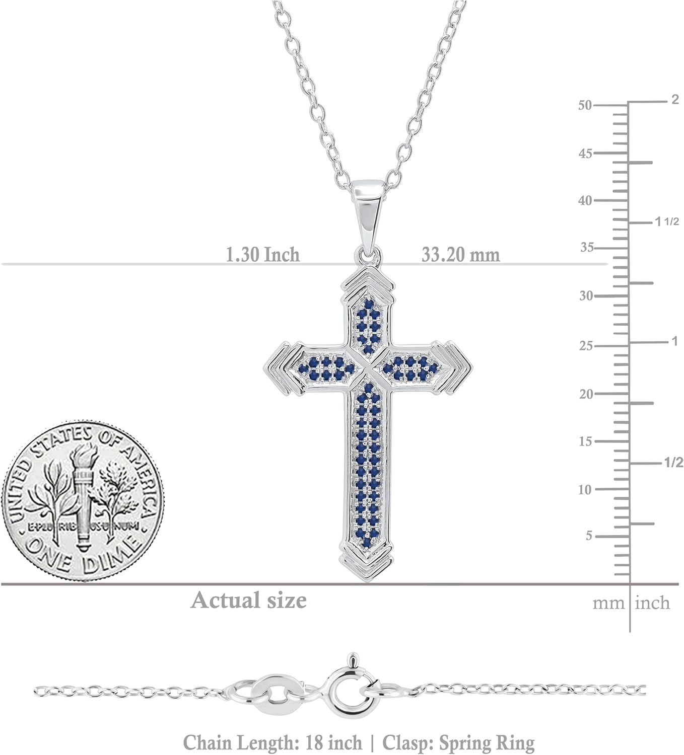 round Blue Sapphire Unisex Divine Cross Pendant in 925 Sterling Silver