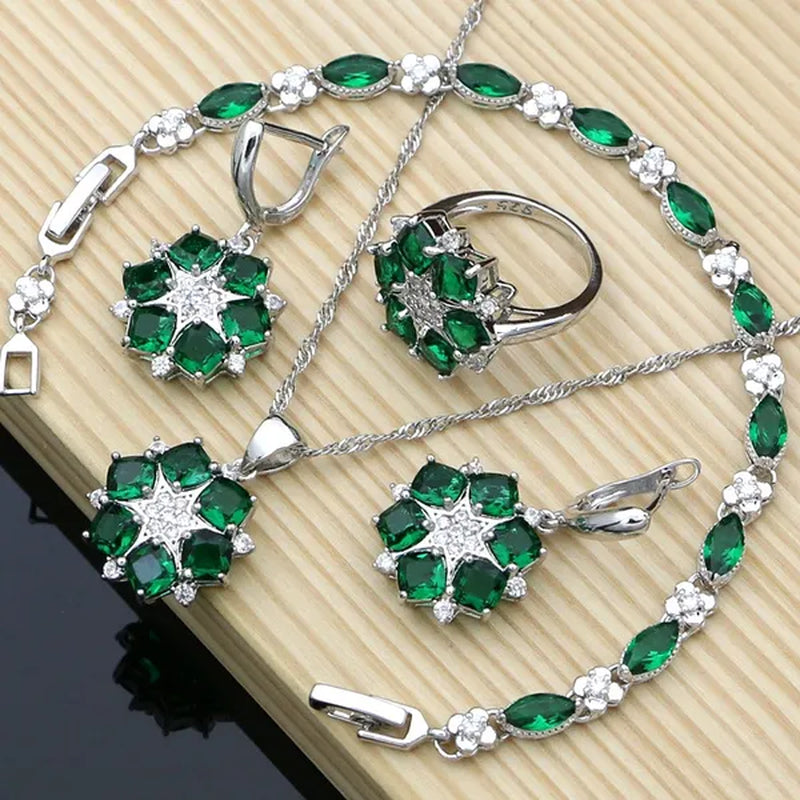 Flower Shaped 925 Silver Jewelry Green Emerald White Crystal Jewelry Sets Women Earrings/Pendant/Necklace/Rings/Bracelet