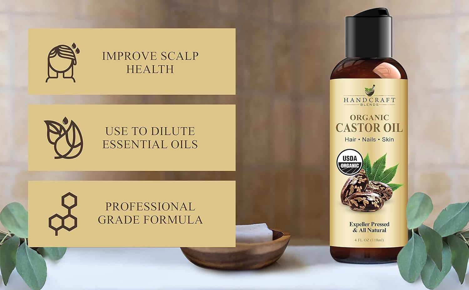 Organic Castor Oil - 4 Fl Oz - 100% Pure and Natural - Premium Grade Carrier Oil for Hair Growth, Eyelashes and Eyebrows - Hair and Body - Expeller-Pressed & Hexane-Free