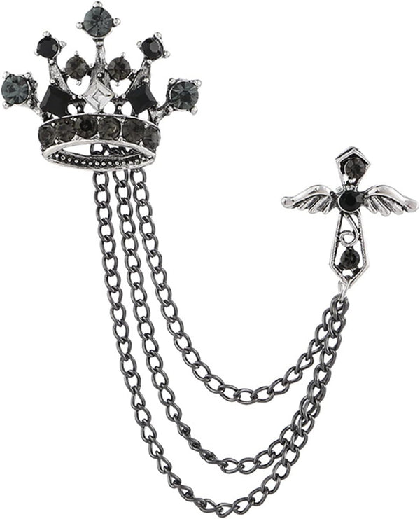 Cross Crown Long Chain Brooch for Men'S Rhinestone Tassel Brooch Pin Coat Tassel Chain Lapel Pins Suit Accessories