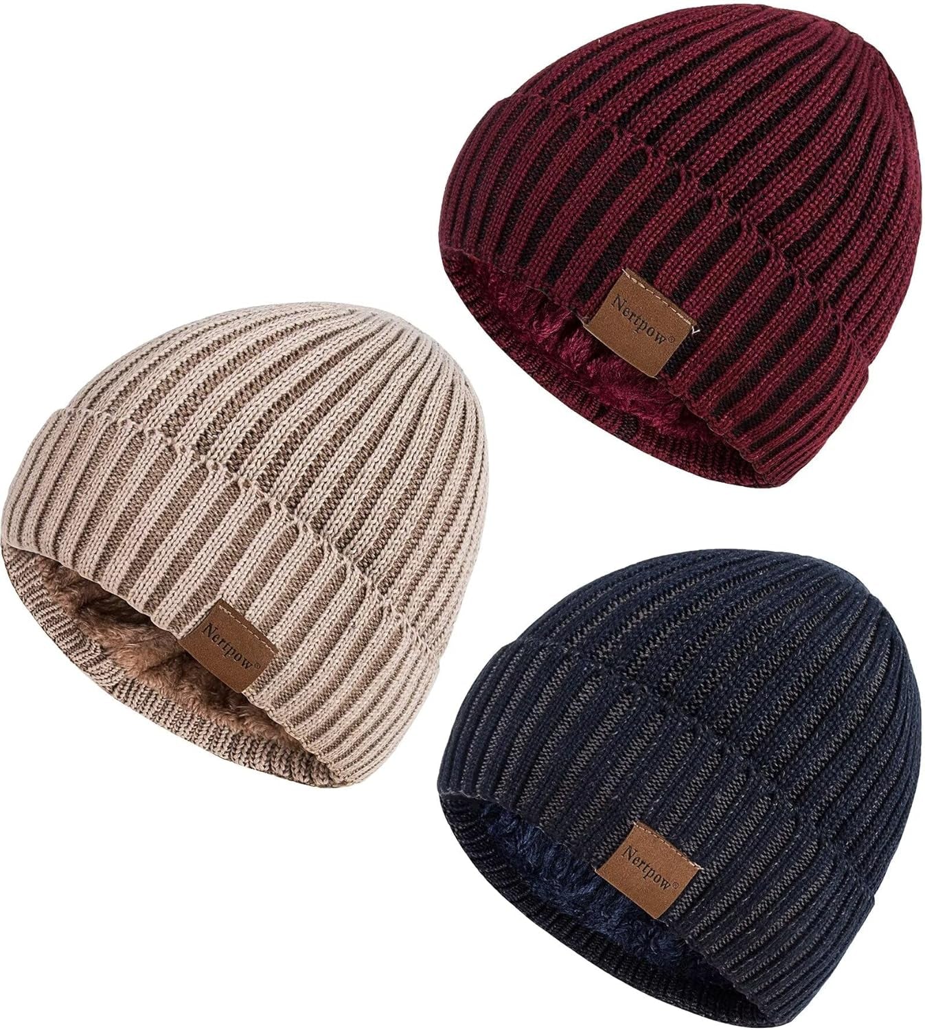 Mens Beanie Hats 3 Pack, Winter Hats for Men Women Warm Thermal Fleece Lined, Thick Knit Fashion Skull Cap for Guys