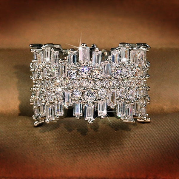 925 Sterling Silver Shiny Full Diamond Gemstone Ring 18K Gold Cocktail Ring Cubic Zirconia Promise Ring CZ Diamond Multi Row Rings Eternity Engagement Wedding Party Ring for Women Z.132 (US Code 8)