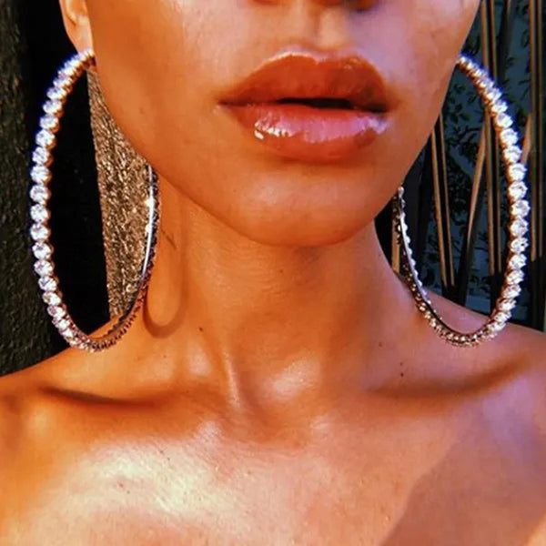 Trendy Big Circle Gold Silver Hoop Earrings Women's Fashion Rhinestone Diamond Round Earrings Party Jewelry