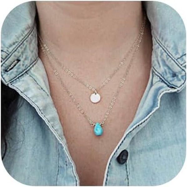 Blue Turquoise Necklaces Multilayerd Sequin Pendant Necklace Chain Jewelry for Women