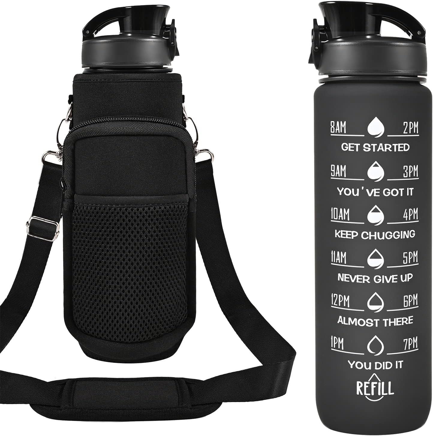 32 Oz Water Bottles with Straw & Strap, Motivational Water Bottles with Times to Drink, BPA Free Reusable Sports Water Bottle with Sleeve Carrier for Hiking, Travel, Running or Fitness
