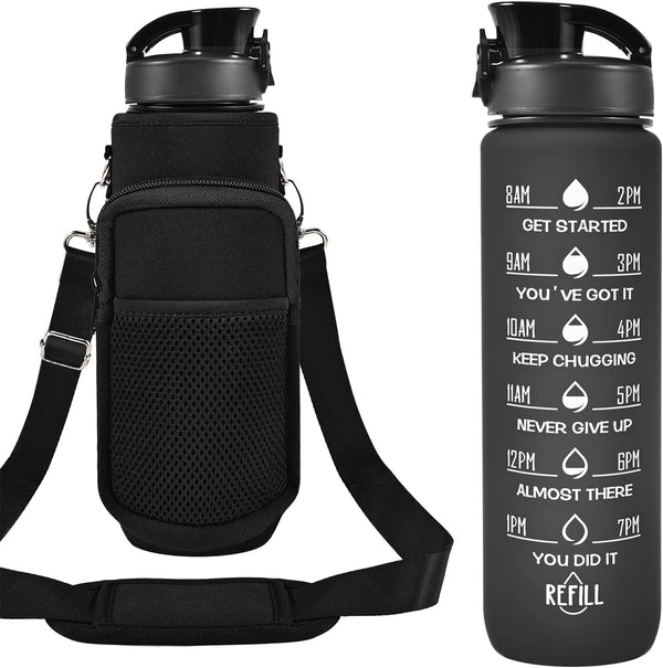 32 Oz Water Bottles with Straw & Strap, Motivational Water Bottles with Times to Drink, BPA Free Reusable Sports Water Bottle with Sleeve Carrier for Hiking, Travel, Running or Fitness