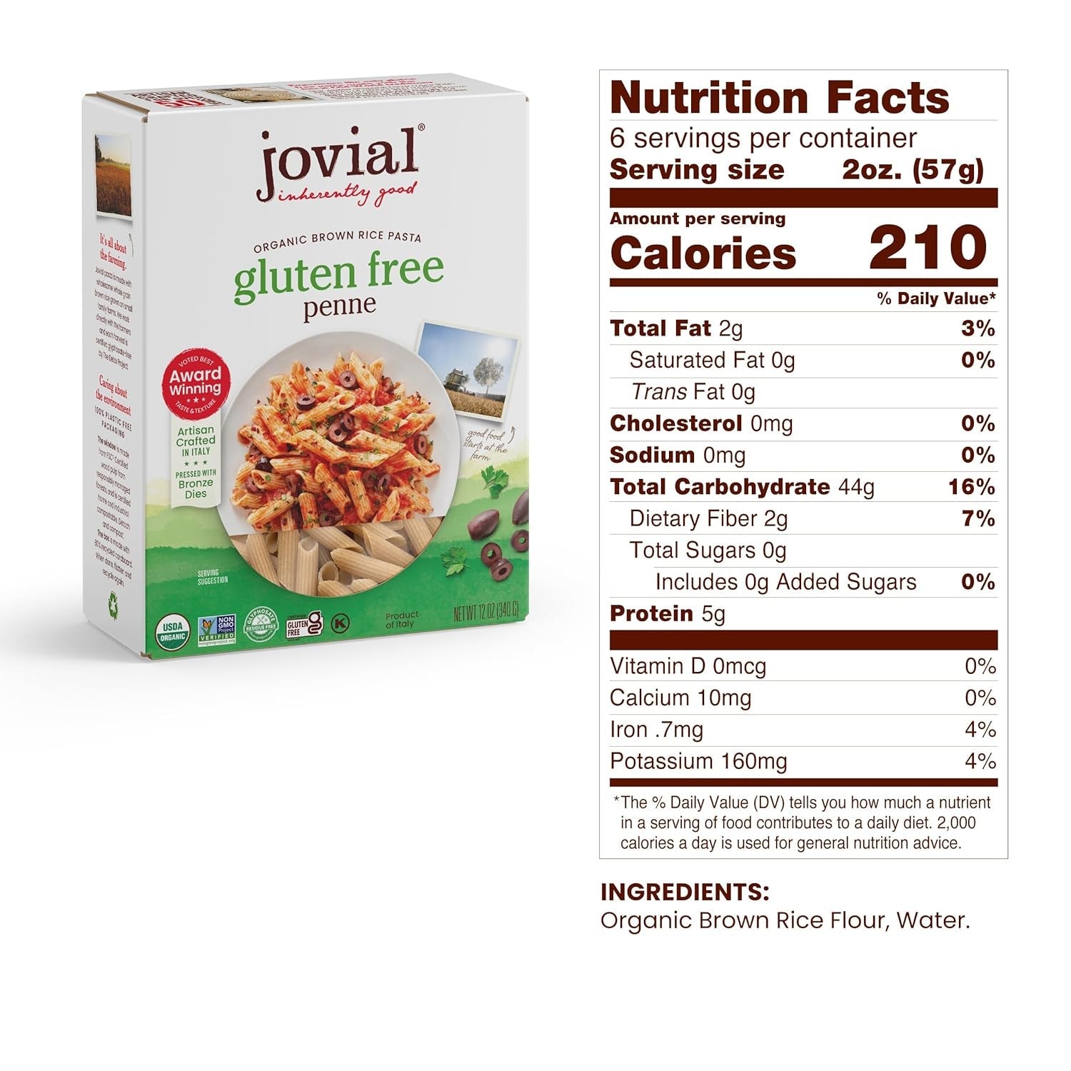 Whole Grain Brown Rice Penne Pasta - Whole Grain Pasta, Organic Pasta, Gluten Free, Dairy Free, Brown Rice Pasta, Made in Italy - 12 Oz, 4 Pack