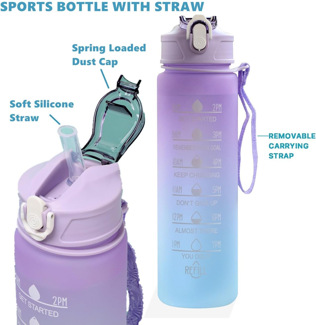 24 Oz Water Bottle with Times to Drink and Straw, Motivational Drinking Water Bottles with Carrying Strap, Leakproof BPA & Toxic Free, Ensure You Drink Enough Water for Fitness(Purple)