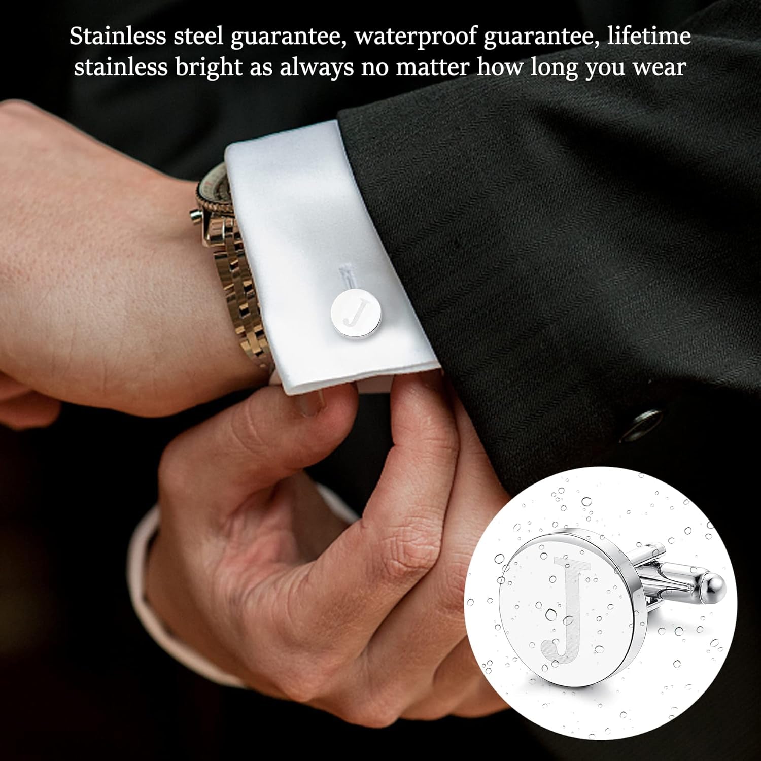 Stainless Steel Engraved Initial Cufflinks and Tie Clip Bar Set Alphabet Letter with Gift Box A-Z