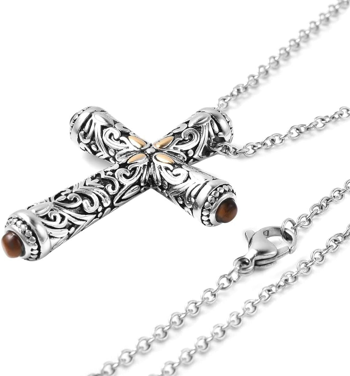 Stainless Steel Celtic Cross Necklace for Women Men Yellow Gold ION Plated Tigers Eye Stone Christian Jewelry Religious Prayer Gifts for Women Chain Size 20" Birthday Gifts