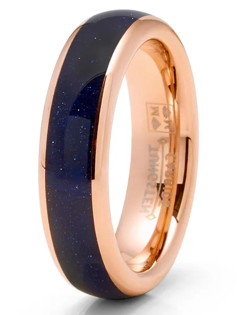 Blue Lapis Lazuli Tungsten Carbide Ring Rose Goldtone Wedding Band Black 6MM