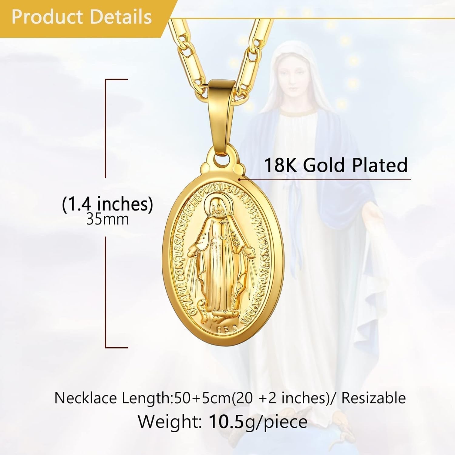 Virgin Mary Necklace 18K Gold Plated Women/Men Christian Jewelry Our Lady of Guadalupe Medal Pendant Mother Mary Necklace