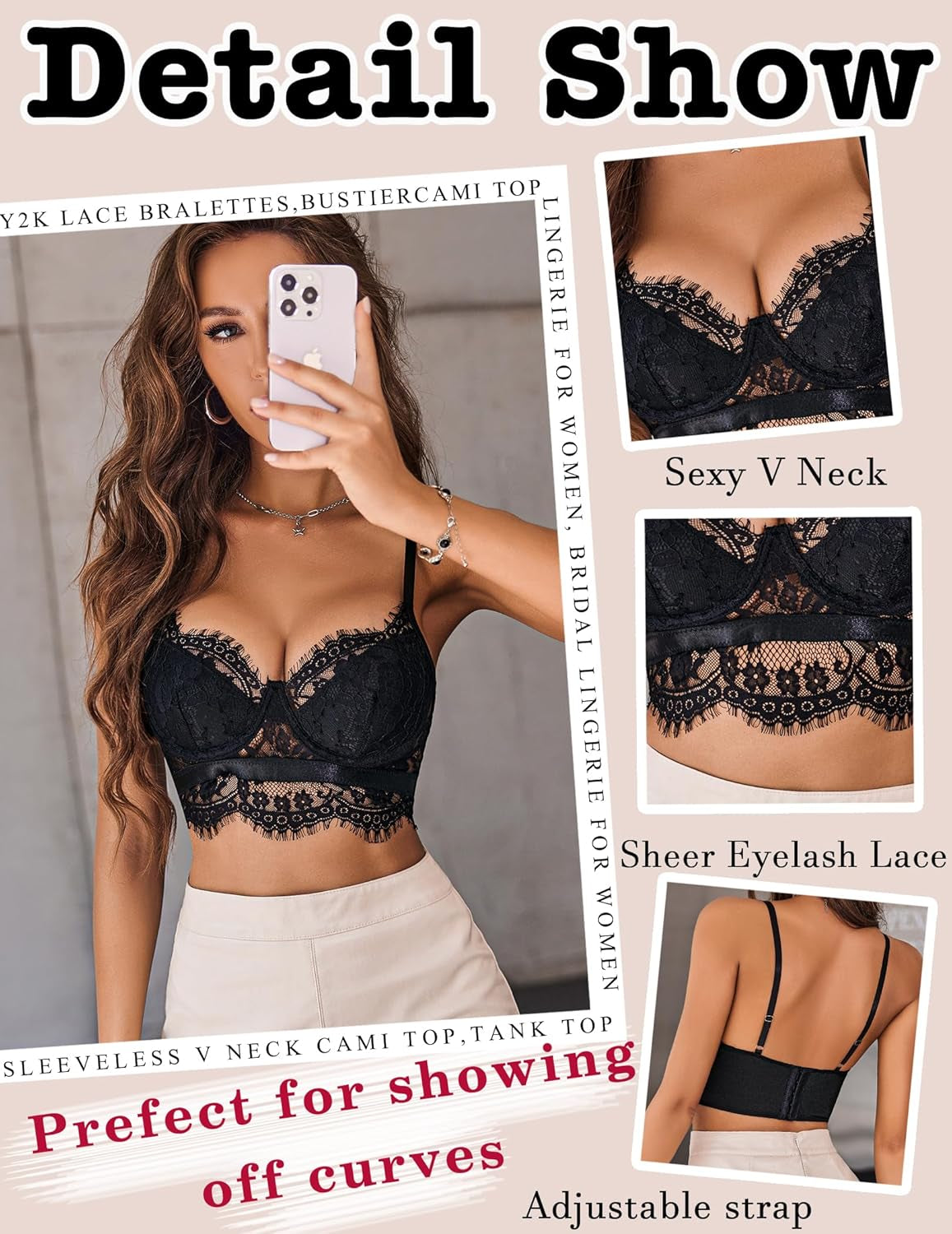 Lace Bralettes for Women Y2K Strap Bustier Cami Top V Neck Camisole Lingerie