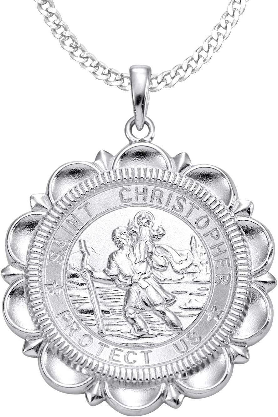 St Christopher Necklace Solid 925 Sterling Sliver Engraved Pendant round Religious Talisman Jewelry for Women