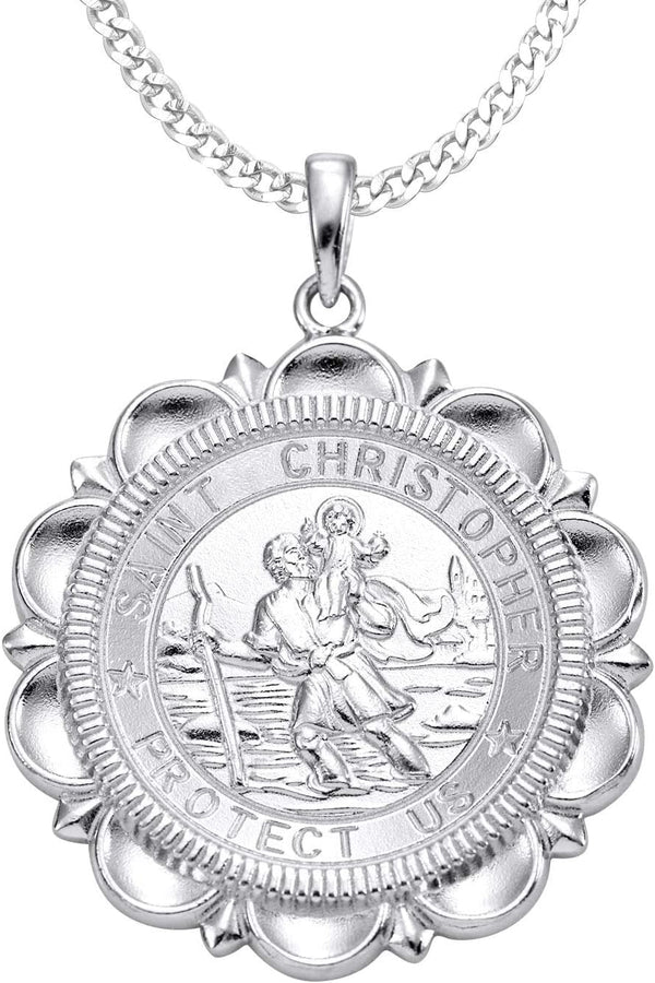St Christopher Necklace Solid 925 Sterling Sliver Engraved Pendant round Religious Talisman Jewelry for Women