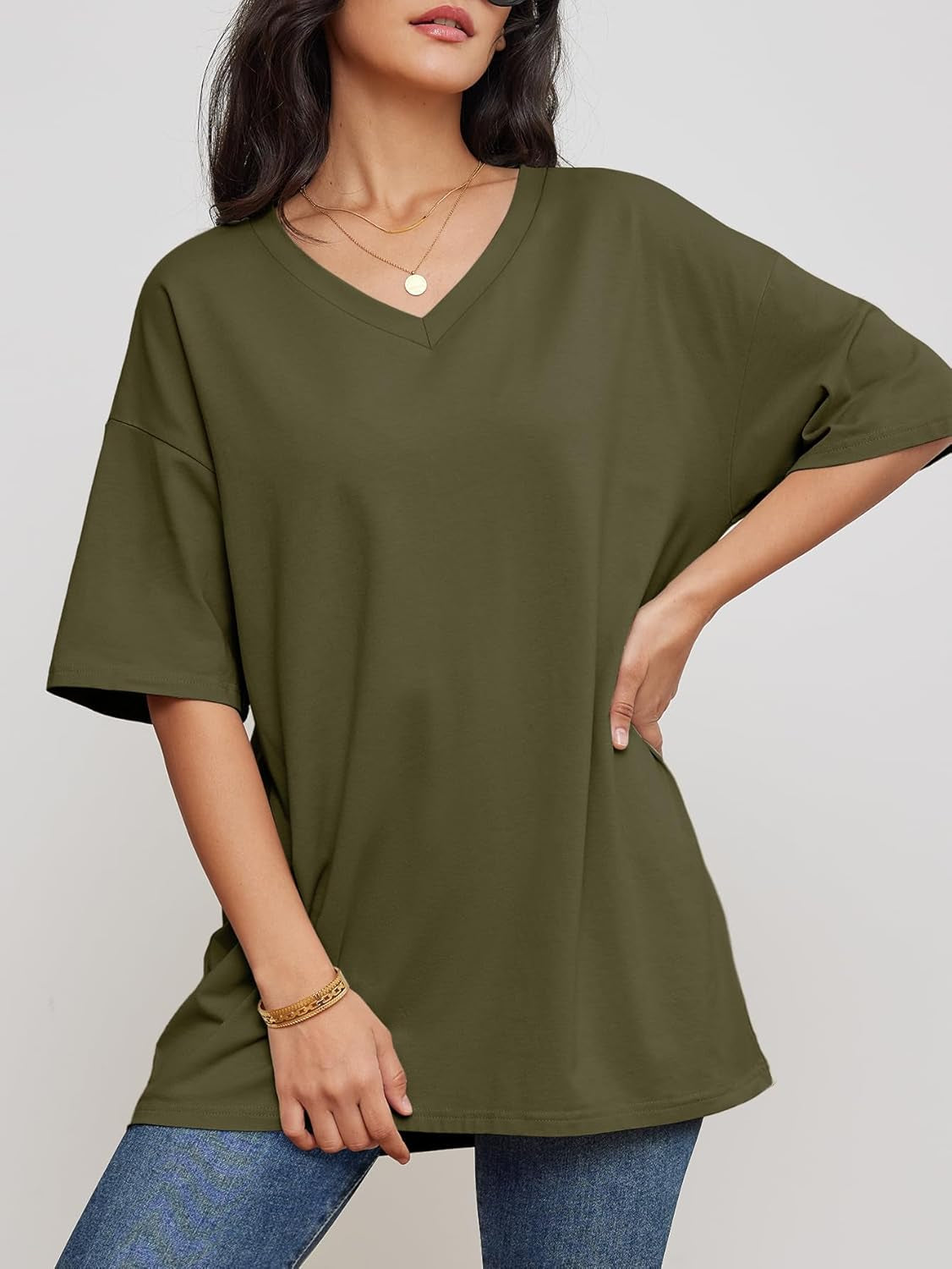 Womens Summer Oversized Shirts V Neck Business Casual Workout Tops Beach Vacation 2025 Gym Clothes