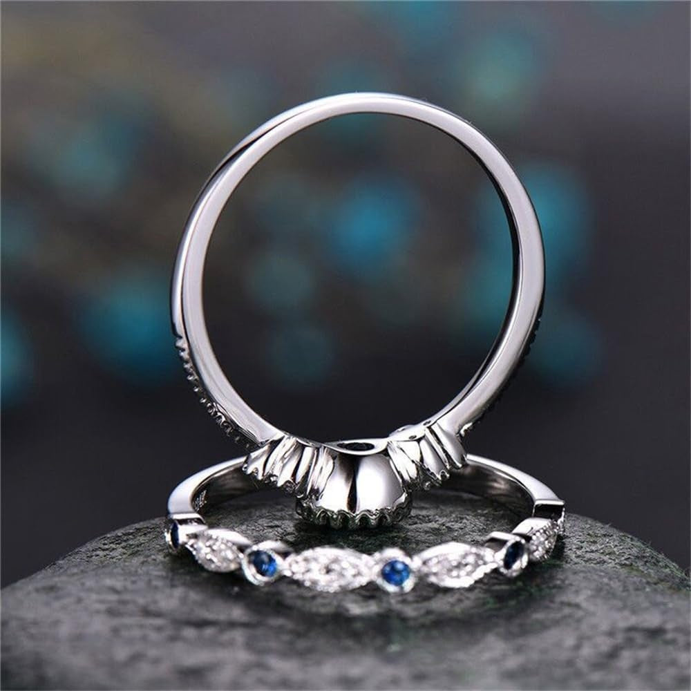 Fashion 2PCS 925 Sterling Silver Natural Sapphire Ring round Cut Cubic Zirconia Promise Rings CZ Classical Eternity Engagement Wedding Band Ring Set for Women (US Code 8)