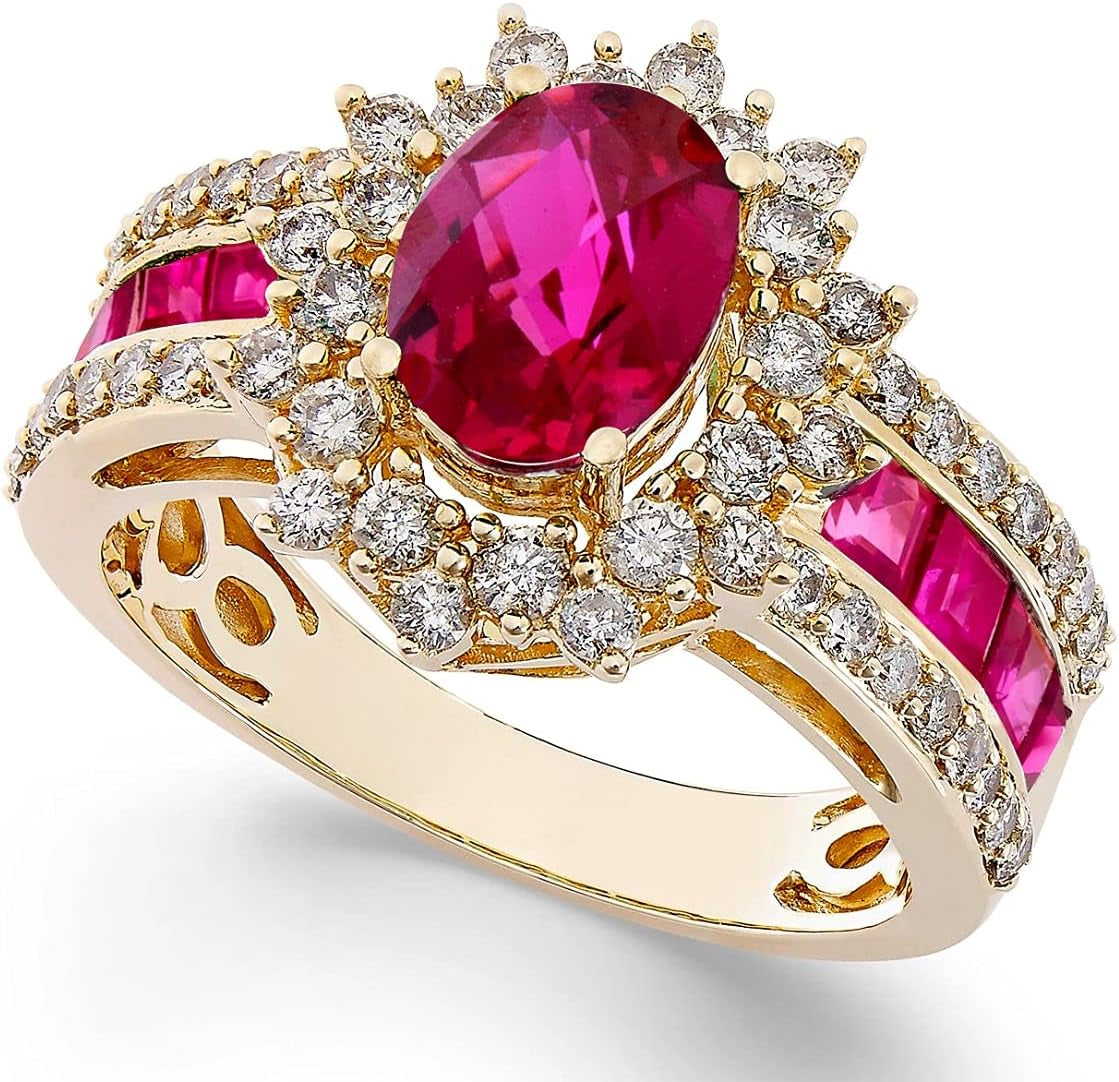 Genuine Oval Gemstone and Natural Diamond Rings, Statement Ring, Gemstone Jewelry for Women, 14K White Gold/14K Gold (1 3/4 Cttw of Gemstone, 3/4 Cttw of Diamonds)
