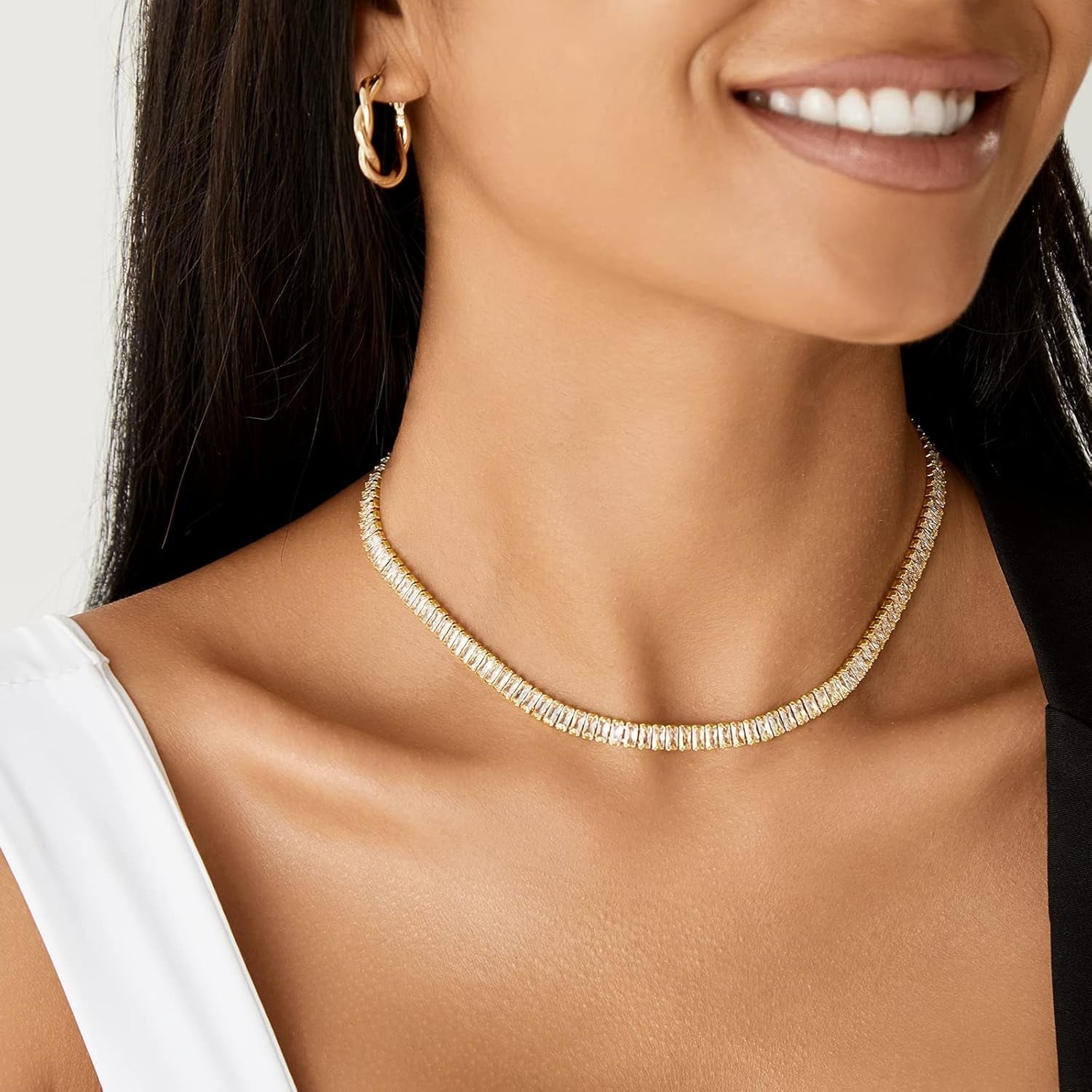 Diamond Tennis Necklace for Women, 14K/White Gold Plated Cubic Zirconia Baguette Tennis Chain Chunky Paperclip Link Cuban Choker Necklace Dainty Jewelry Gifts