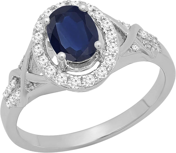 7X5Mm Oval Blue Sapphire & round White Diamond Split Shank Halo Engagement Ring for Women in 10K Solid Gold