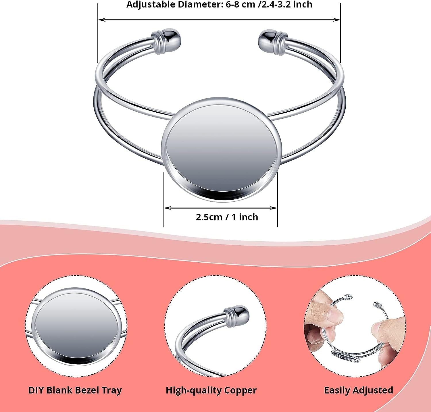 Jewelry Making Kit, 10Pcs 25Mm Bezel Tray Blank Bangle Bracelet, Adjustable round Bracelet for DIY Handmade, Men and Women (Silver)