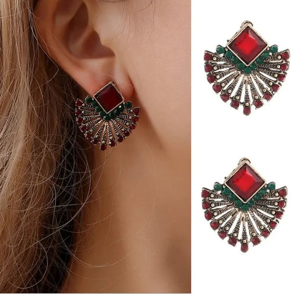 Picture Color European and American Hot Style Retro Bohemian Ethnic Style Ruby Earrings Fan-Shaped Crystal Stud Earrings