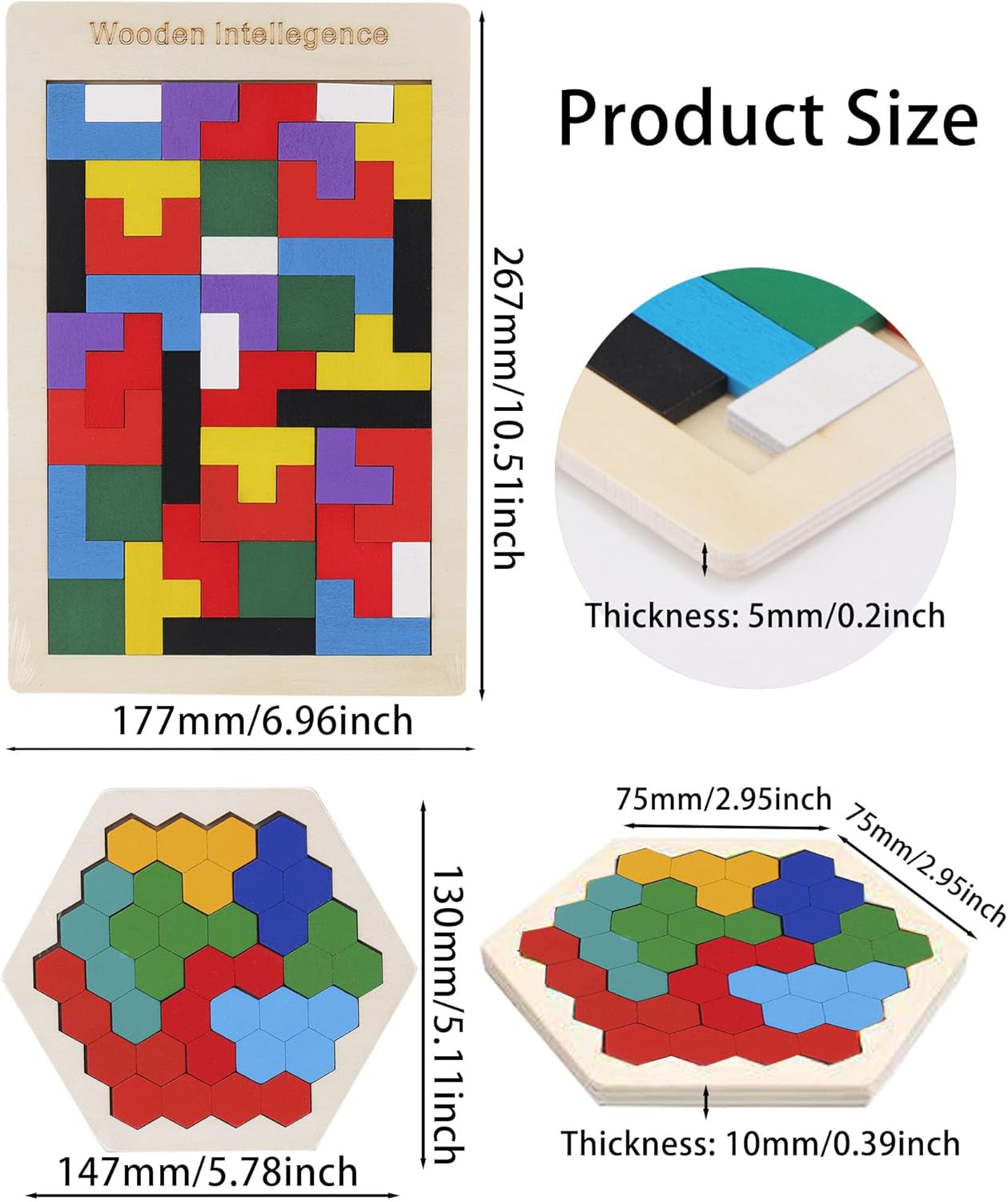 2 Pack Wooden Russian Blocks Puzzle&Hexagon Puzzles for Kids &Adults Wooden Blocks Puzzle Brain Teasers Intelligence Logic Toy Tangrams STEM Montessori Shapes Puzzles Gift for Children