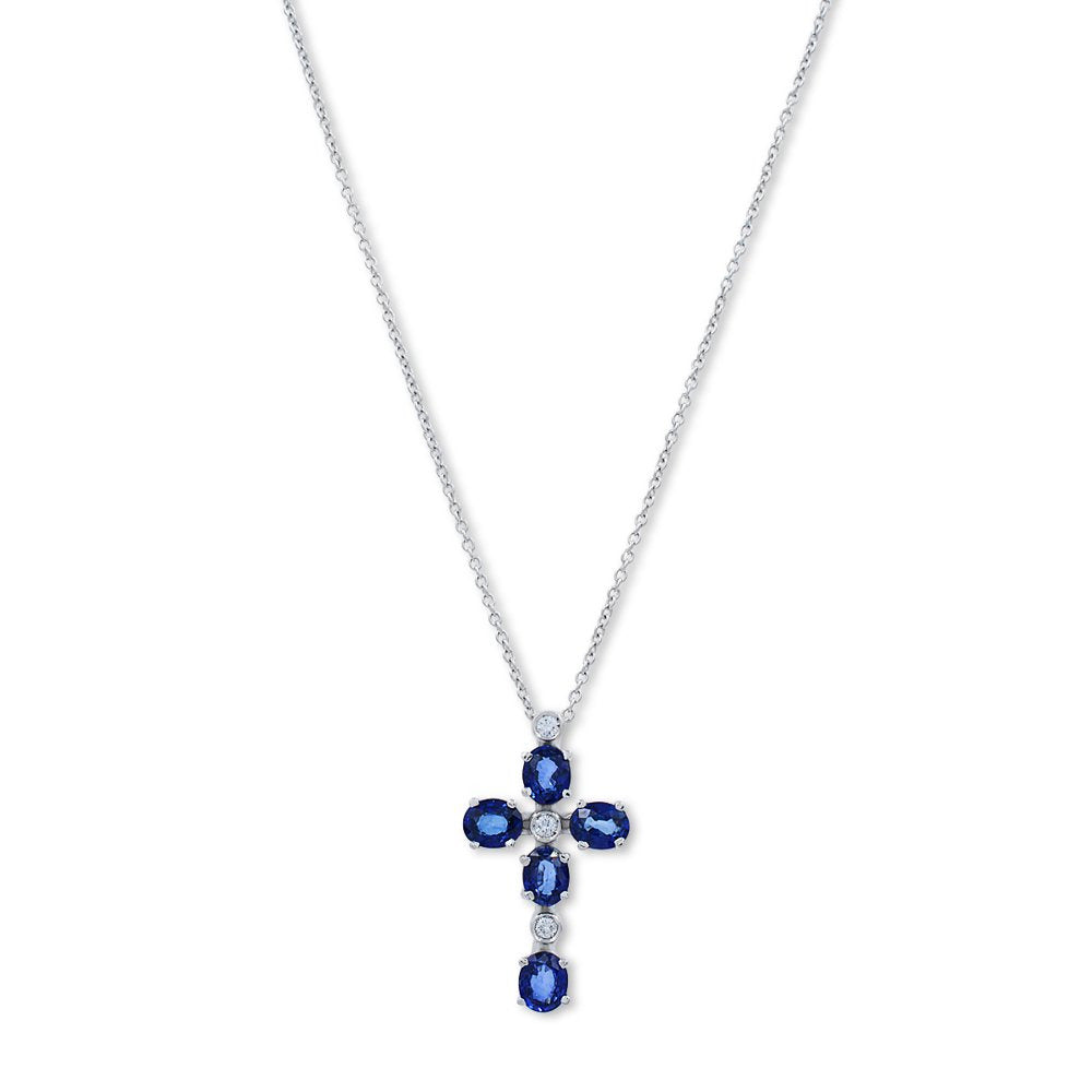 Zoccai 18K White Gold round Cut Diamond Blue Sapphire Cross Pendant Necklace
