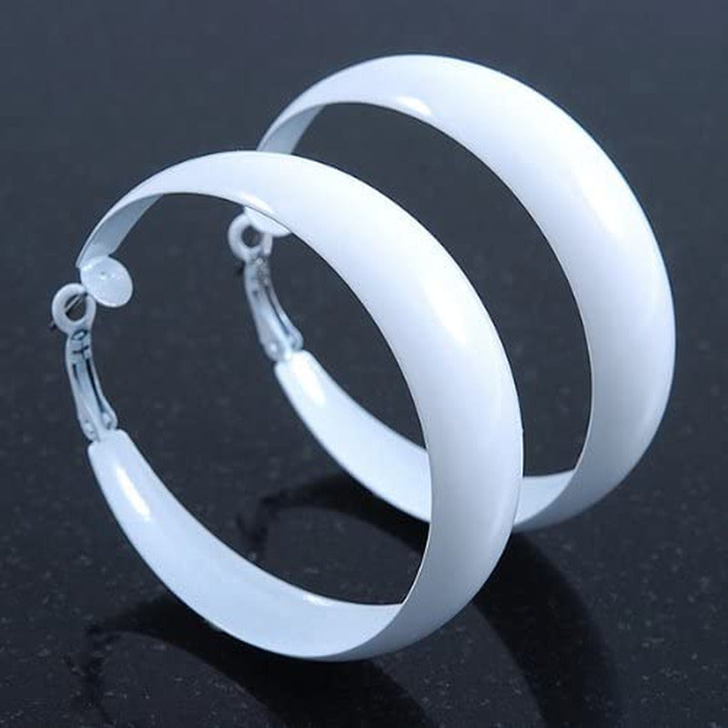 Wide Large White Enamel Hoop Earrings - 55Mm Diameter