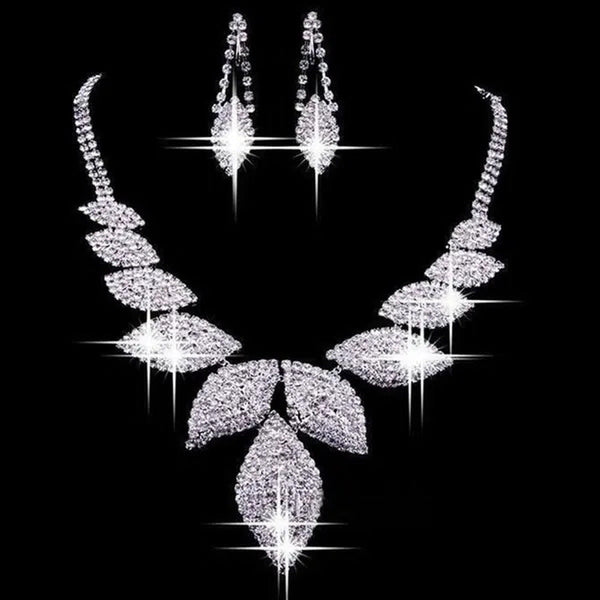 Women‘S Fashion Charm Leaf Necklace Rhinestone Earrings Wedding Party Jewelry Se