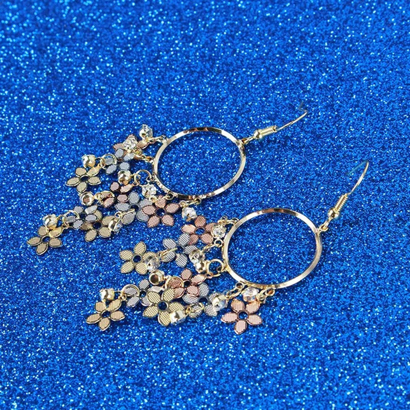 Woman Fashion Golden Circle Flower Tassel Earrings Jewelry