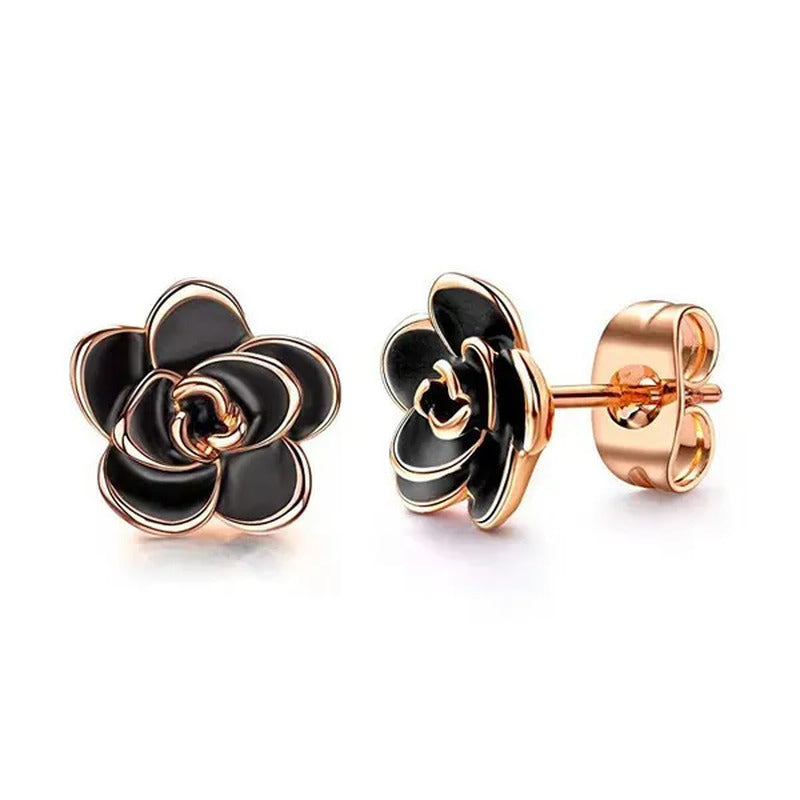 Women Fashion Black and White Rose Gold Camellia Vintage Flower Earring Stud Ear