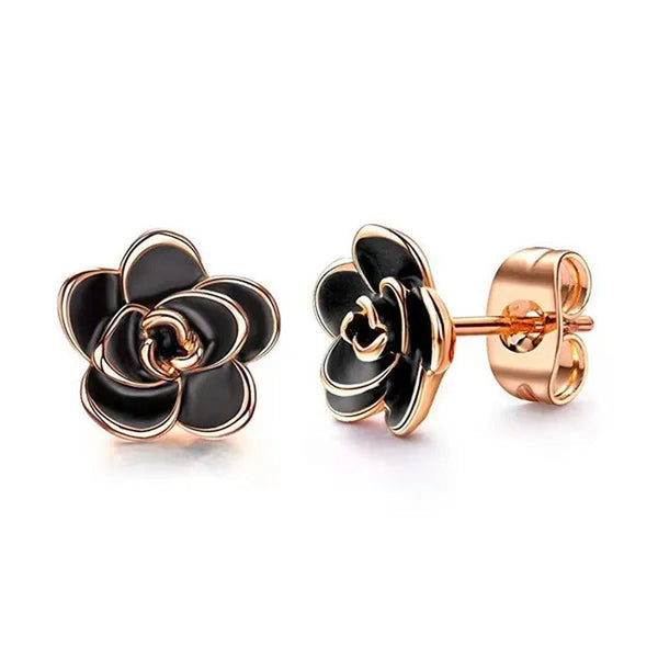 Women Fashion Black and White Rose Gold Camellia Vintage Flower Earring Stud Ear