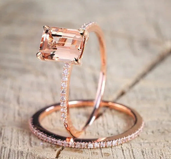 Worth to Buy Exquisite 18K Rose Gold Floral Rings Set Slim Princess Morganite Ne