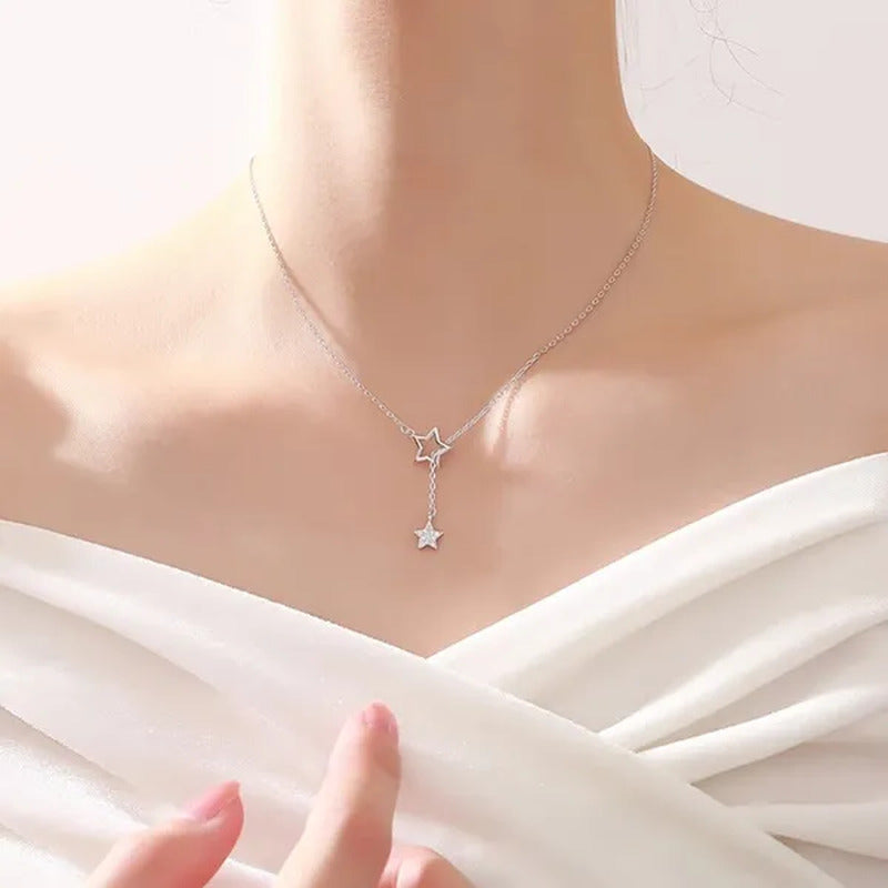 Women'S Fashion Jewelry Simple Diamond Pentagram Pendant Necklace Tassel Clavicl