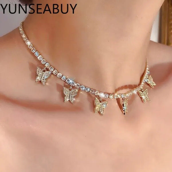 YUNSEABUY Little Butterfly Pendant Full Diamond Choker Necklace for Women Girls