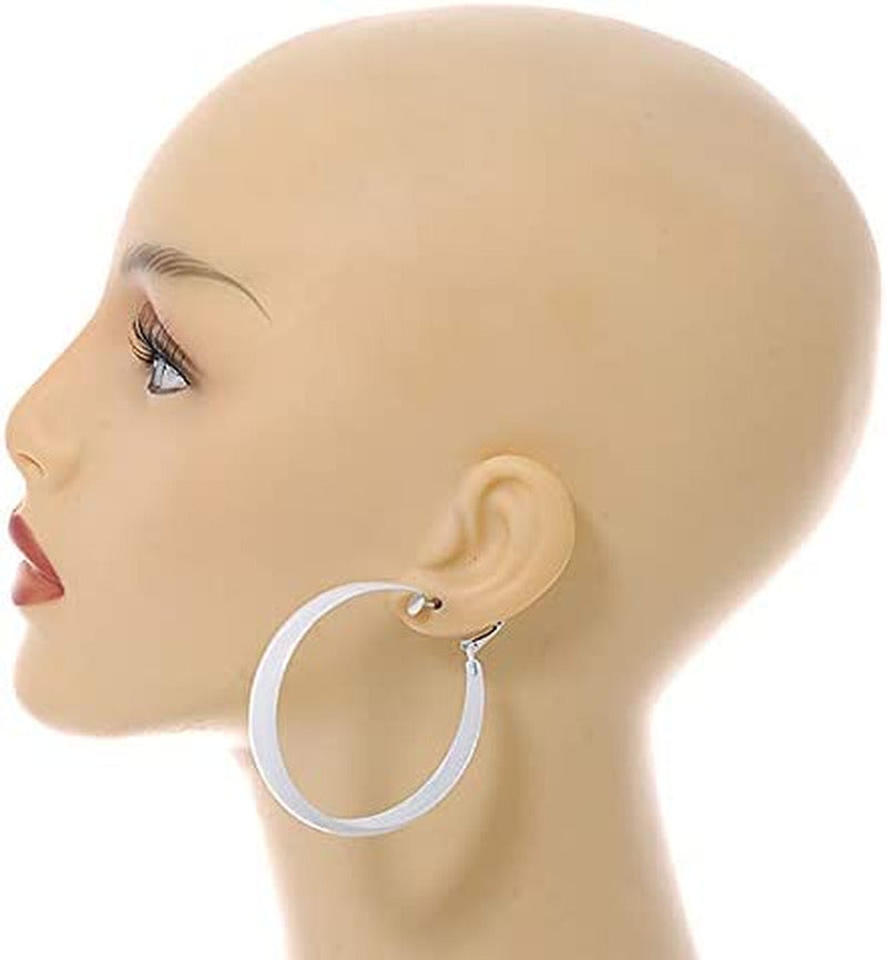 Wide Large White Enamel Hoop Earrings - 55Mm Diameter