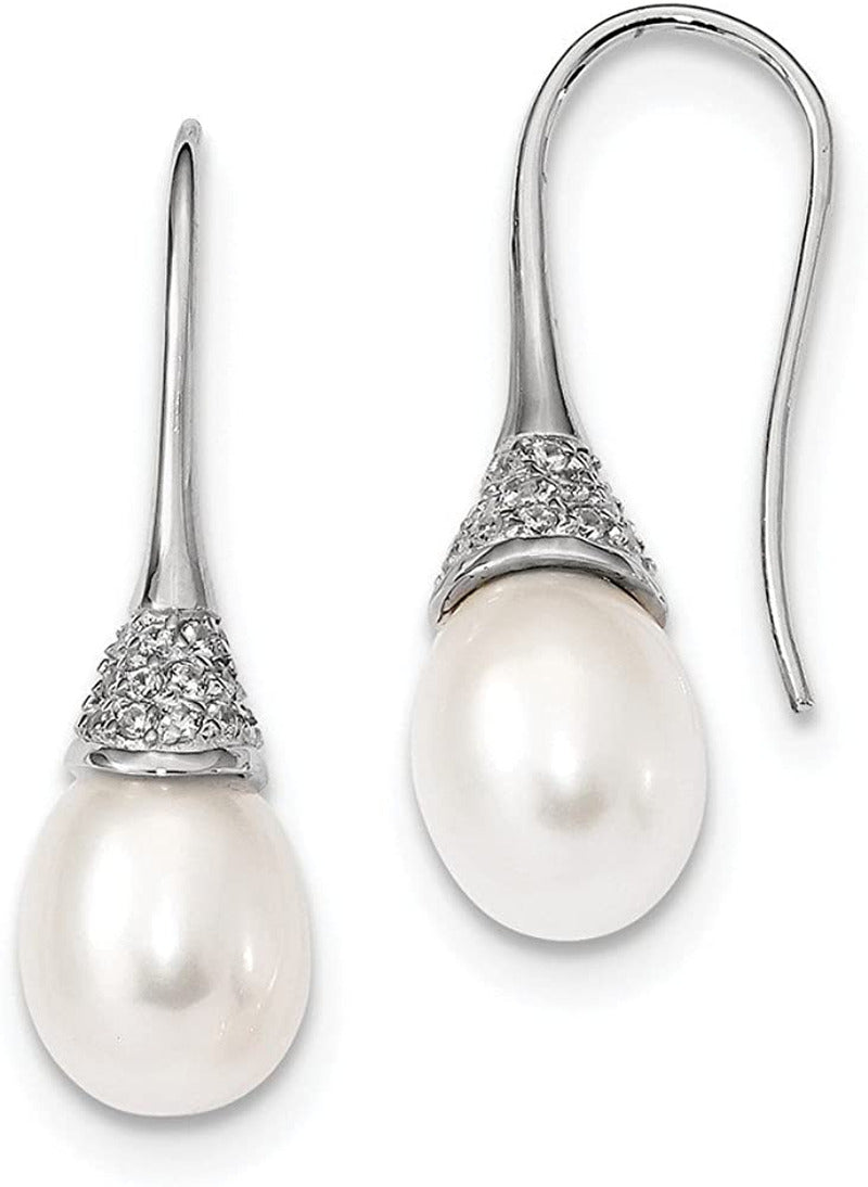 Solid 925 Sterling Silver RH 9-10Mm Rice FWC Simulated Pearl CZ Cubic Zirconia D