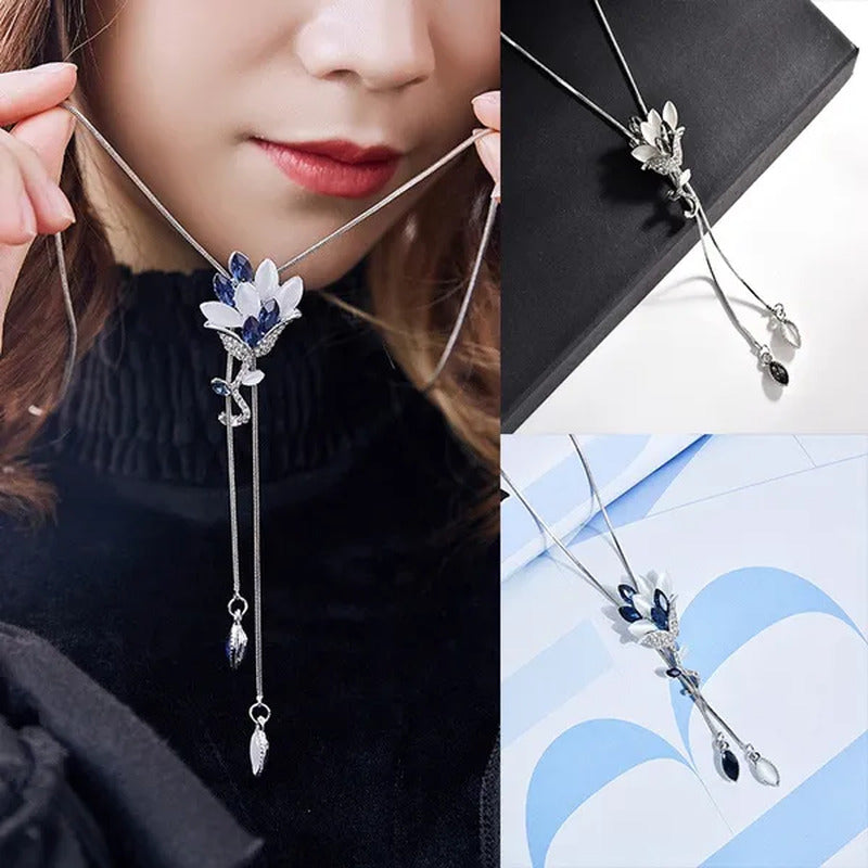 Women'S Fashion Pendant Necklace Rose Flower Studded Tassel Sweater Chain Decora