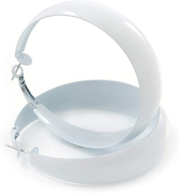 Wide Large White Enamel Hoop Earrings - 55Mm Diameter