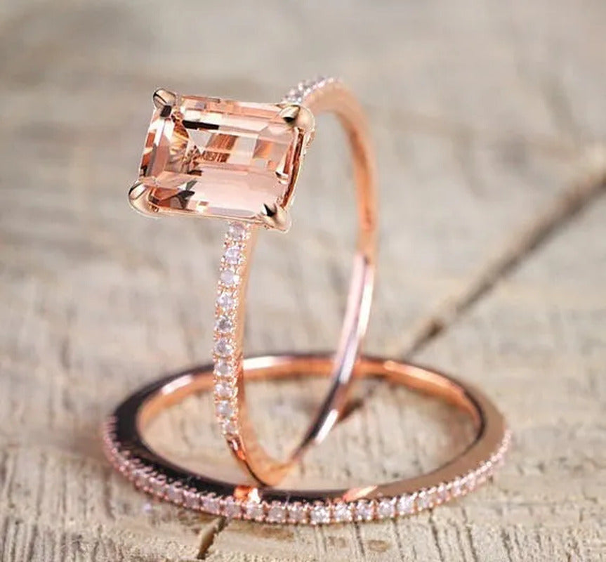 Worth to Buy Exquisite 18K Rose Gold Floral Rings Set Slim Princess Morganite Ne