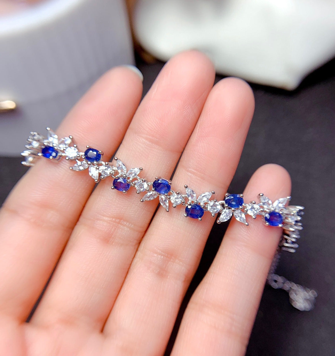 Women'S Sterling Silver Gold-Plated and Inlaid Sapphire Bracelet