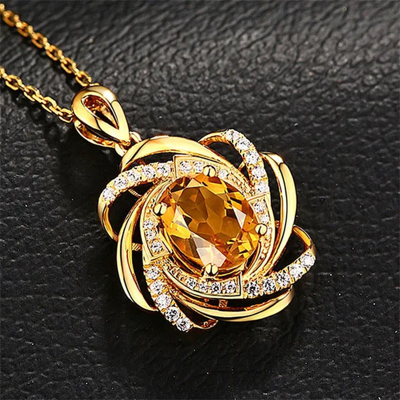 Yellow Crystal Citrine Gemstones Diamonds Pendant Necklaces for Women Gold Tone