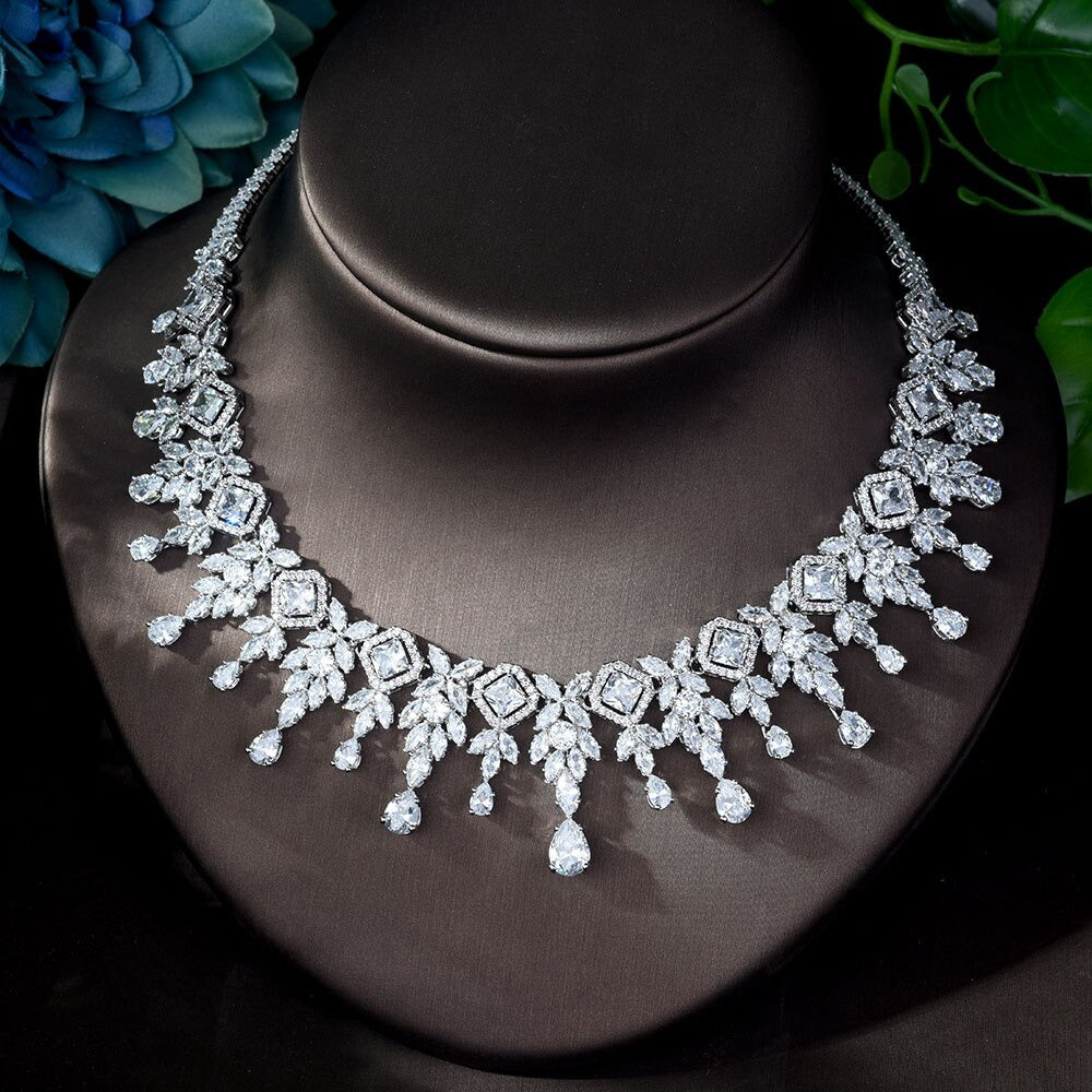 Zircons High Quality White Gold Color Cubic Zirconia Bridal Wedding Necklace
