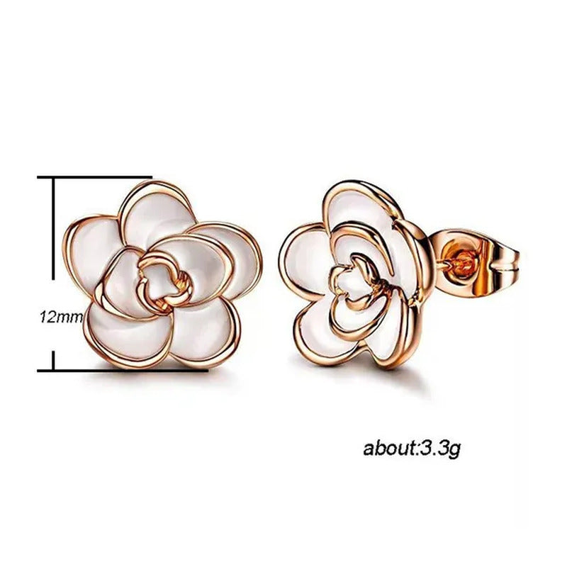 Women Fashion Black and White Rose Gold Camellia Vintage Flower Earring Stud Ear