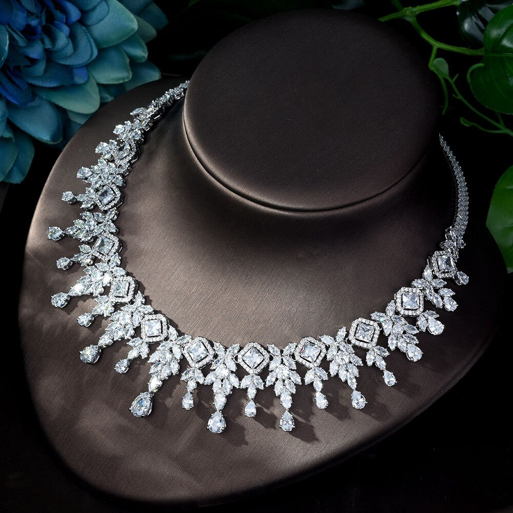 Zircons High Quality White Gold Color Cubic Zirconia Bridal Wedding Necklace