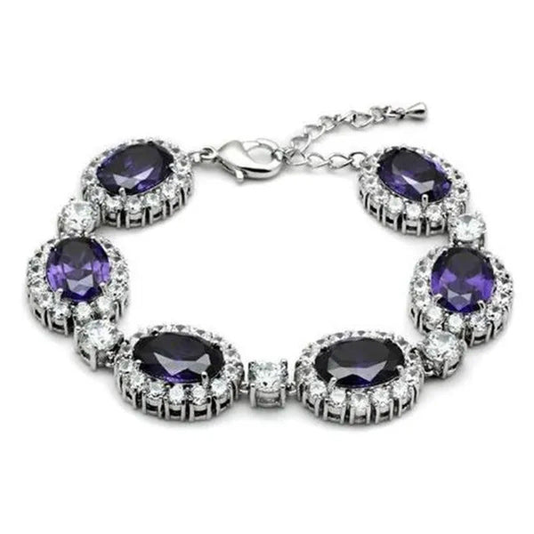 Women Rhodium Brass Bracelet with AAA Grade CZ in Amethyst - 7 In.
