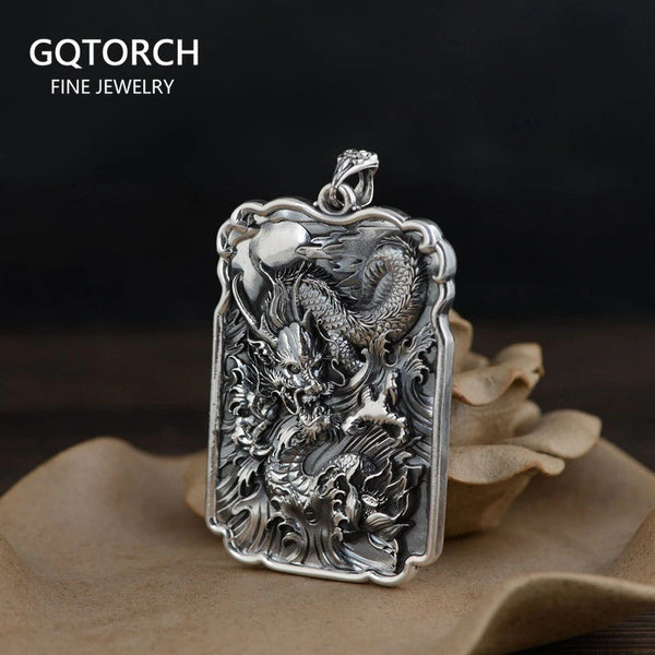 Sterling Silver 990 Vintage Auspicious Clouds Square Pendant for Men Carved