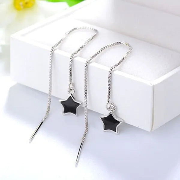 Women Fashion Black Star Ear Line Style Long Tassel Ear Stud Earrings