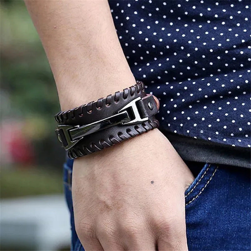 Women Men PU Leather Bracelets Punk Handmade Wide Cuff Rope Bracelet Woven Wrist